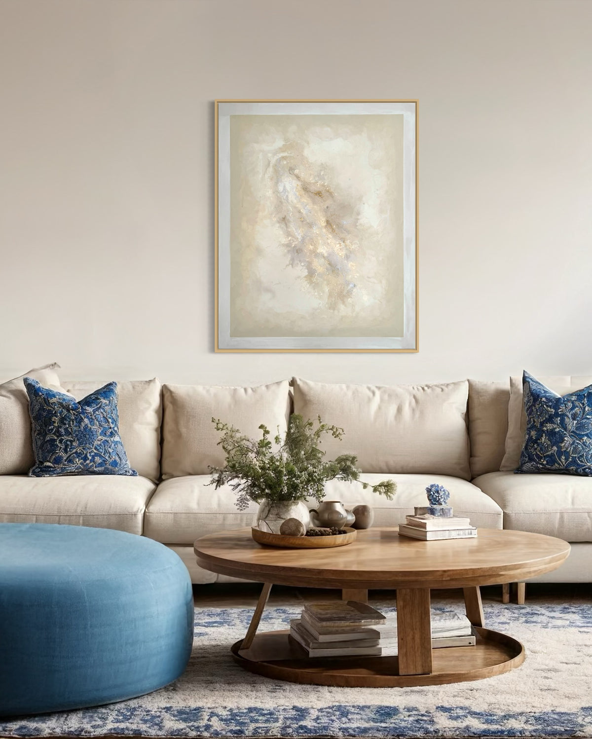 Celeste – abstract acrylic painting 100 × 80 cm in soft cream and white tones above a light sofa, Merima Besic-Krüger