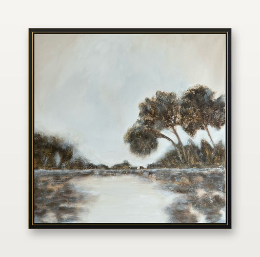 A Place to Pause – abstraktes Acryl-Landschaftsbild 100 × 100 cm von Merima Besic-Krüger, Schattenfugenrahmen Schwarz mit Goldkante