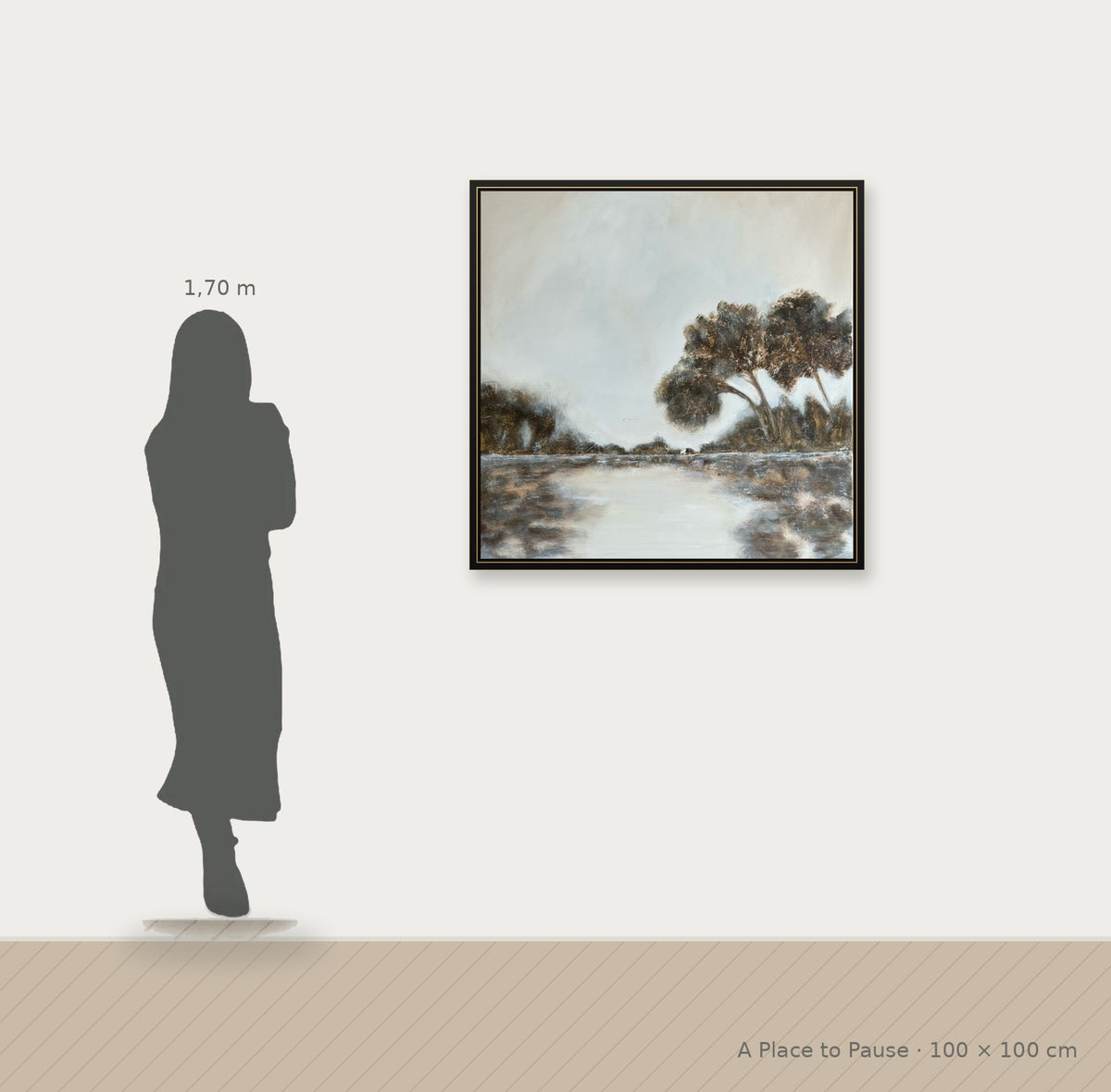 A Place to Pause – Größenvergleich 100 × 100 cm mit Person (1,70 m)