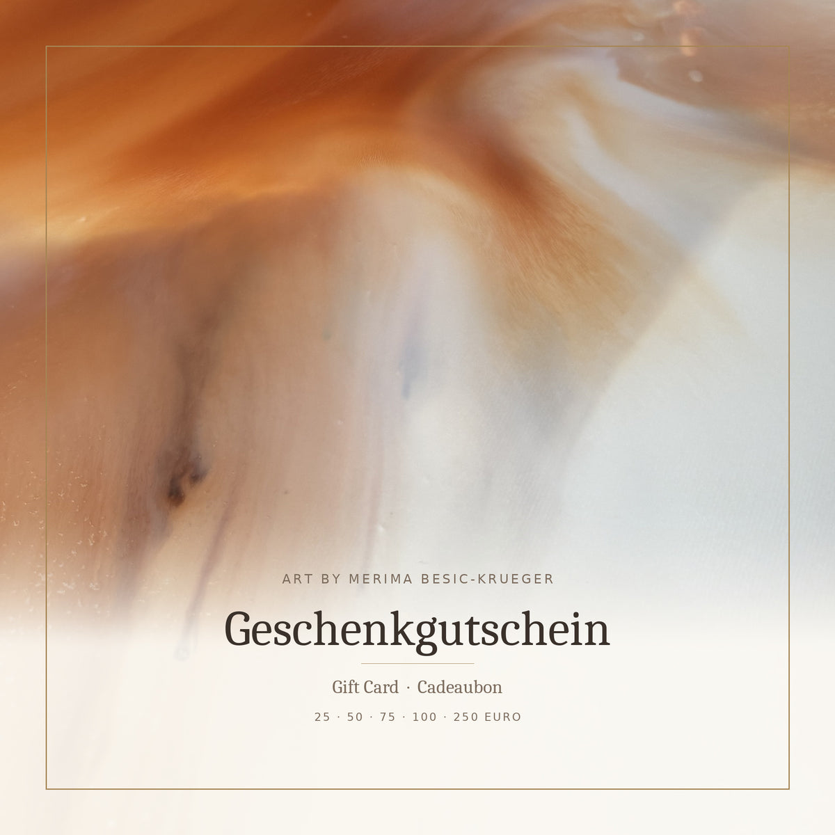 Cadeaubon van Art by Merima Besic-Krueger – warme amber- en goudtinten van een abstract origineel schilderij met een fijne gouden rand