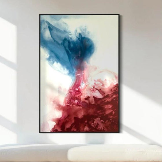 Gemälde Deep Encounter in Blau und Rot an einer hellen Wand
