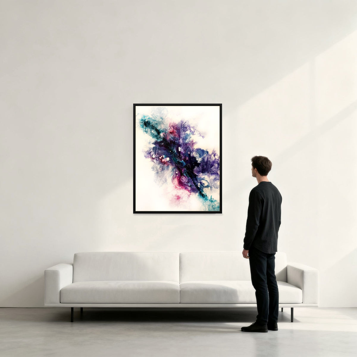 Pulse – Acrylgemälde im Schattenfugenrahmen über einem Sofa im Wohnzimmer