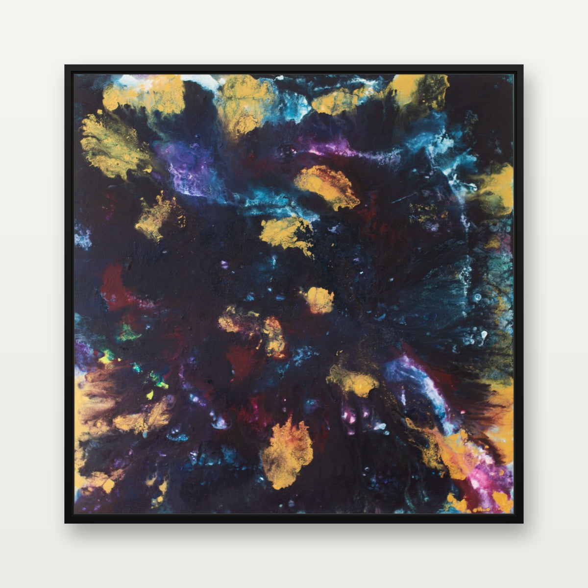 Storm – abstraktes Gemälde 100 x 100 cm im schmalen schwarzen Schattenfugenrahmen, Frontalansicht