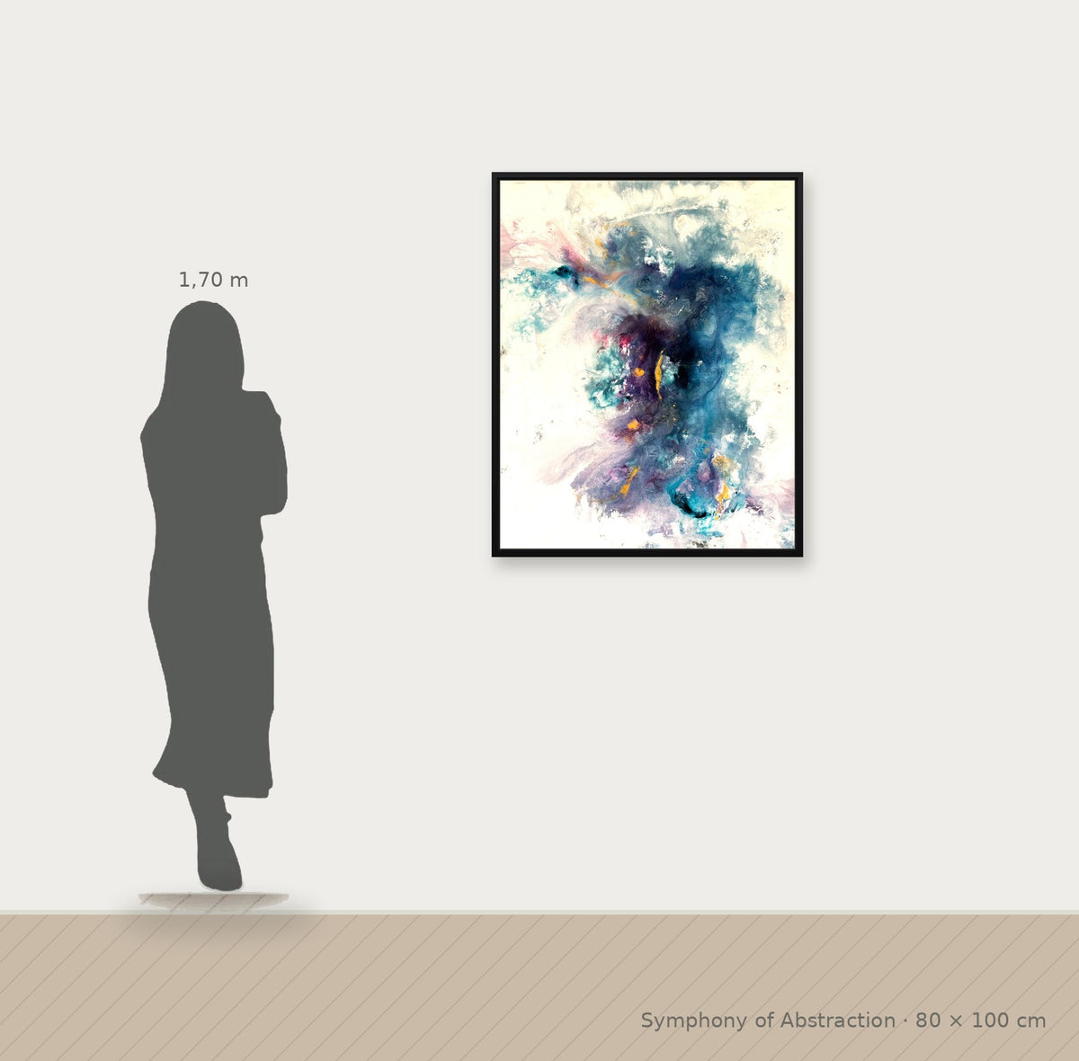 Symphony of Abstraction – Größenvergleich 80 x 100 cm neben Person (1,70 m)
